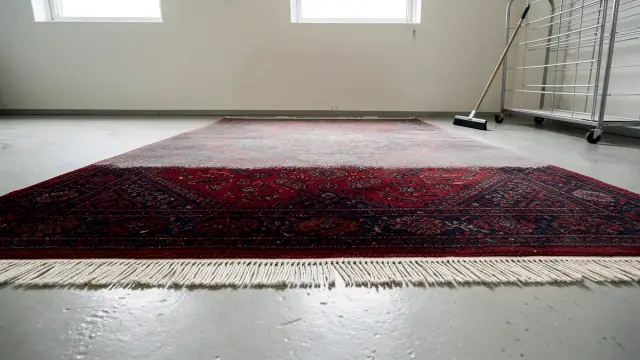 A red and navy wool rug half washed bright, its cream fringe combed straight