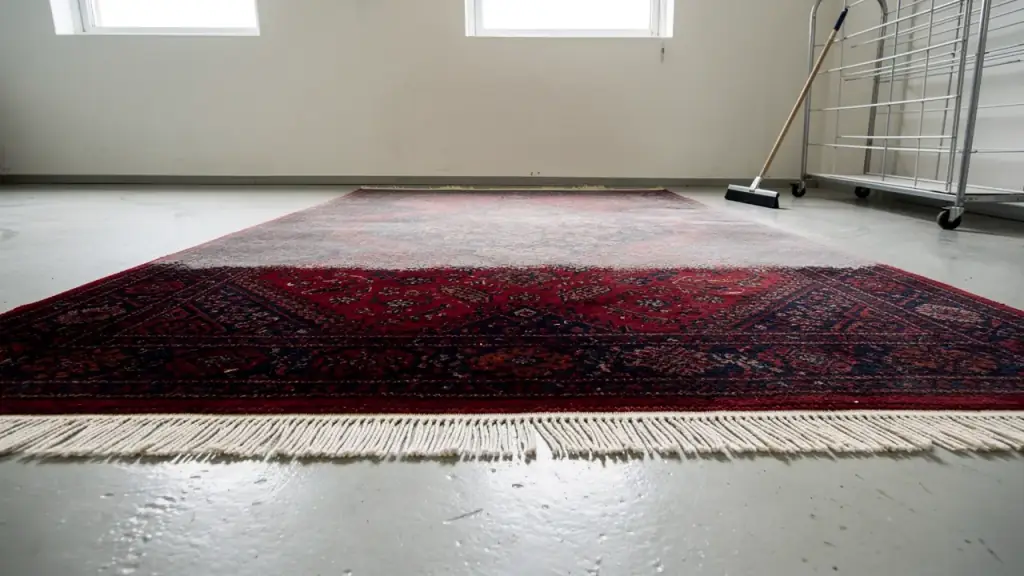 A red and navy wool rug half washed bright, its cream fringe combed straight