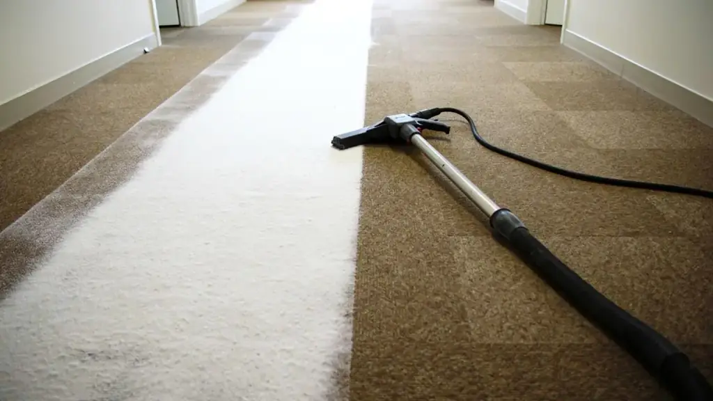 A freshly extracted lane of carpet beside the soiled traffic lane, wand and hose across the join