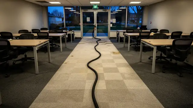 An empty office aisle of carpet tiles freshly extracted, a hose running toward the entry doors