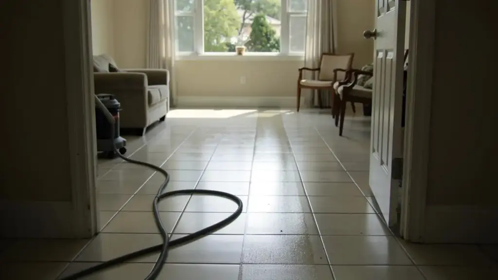 A bright tiled floor with a cleaning hose coiled across it