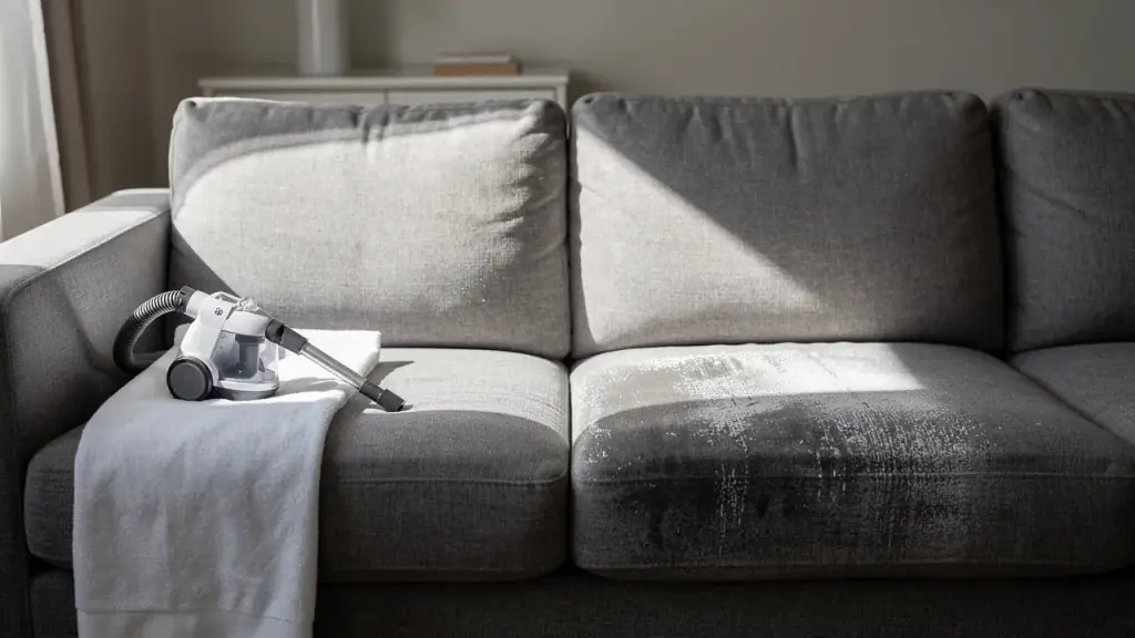 A fabric sofa with one cushion cleaned brighter than the seat beside it